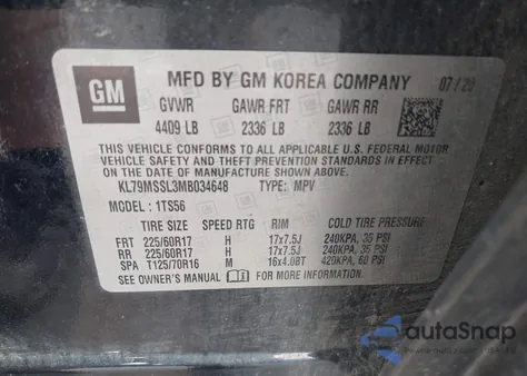 2021 Chevrolet Trailblazer Awd Activ из США, поврежденный, VIN KL79MSSL3MB034648